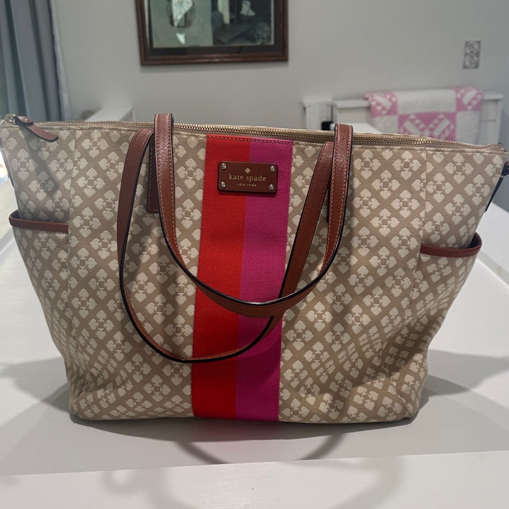Kate Spade Beige Tote with Pink and Red Stripes